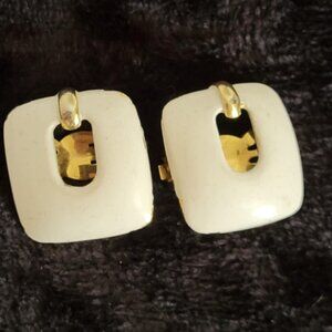 Vintage Lanvin Paris Clip-On Earrings – Ivory Enamel & Gold Modernist Design